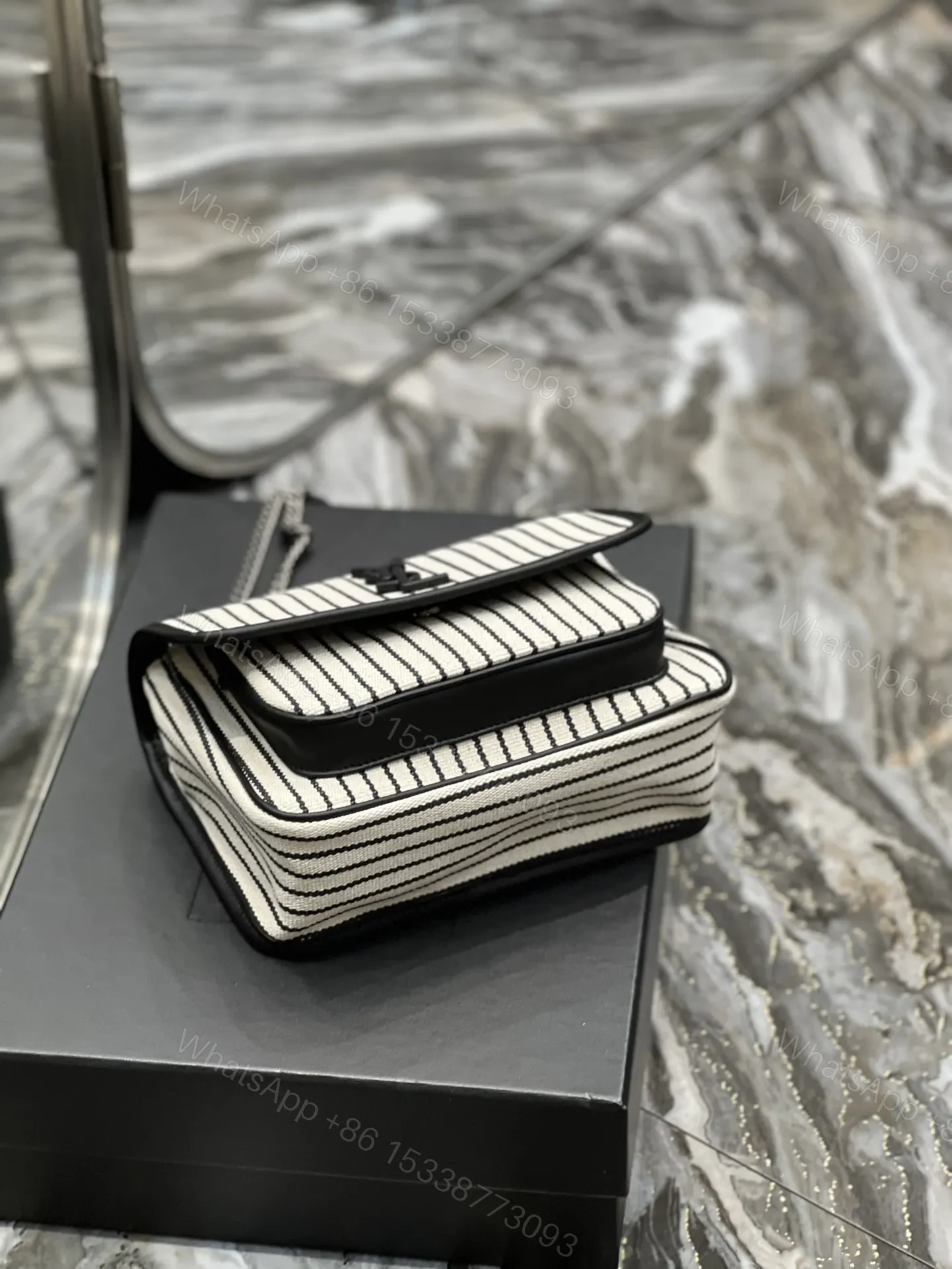 View 4 of Saint Laurent Cotton Canvas Striped Vintage Calfskin Monogram Medium Niki Chain Satchel