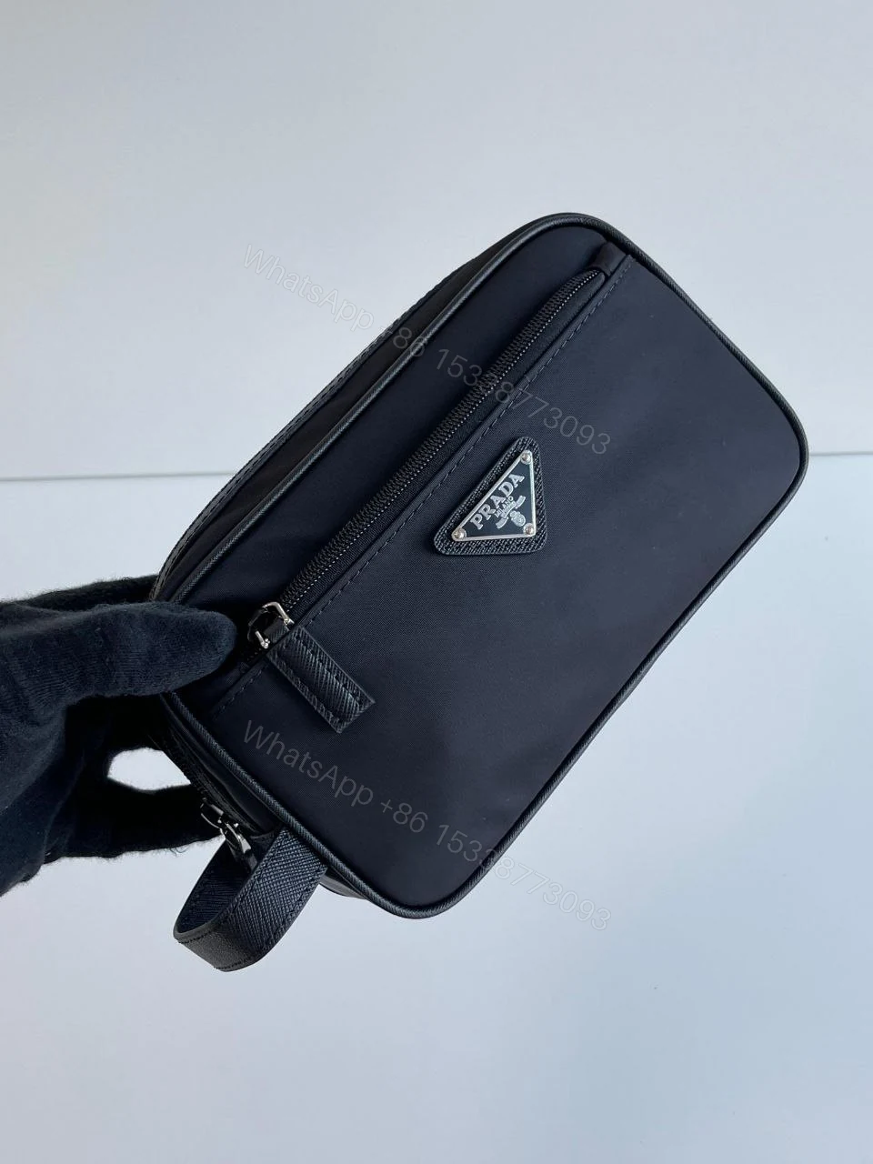 View 4 of Re-Nylon and Saffiano leather travel pouch Leather handle