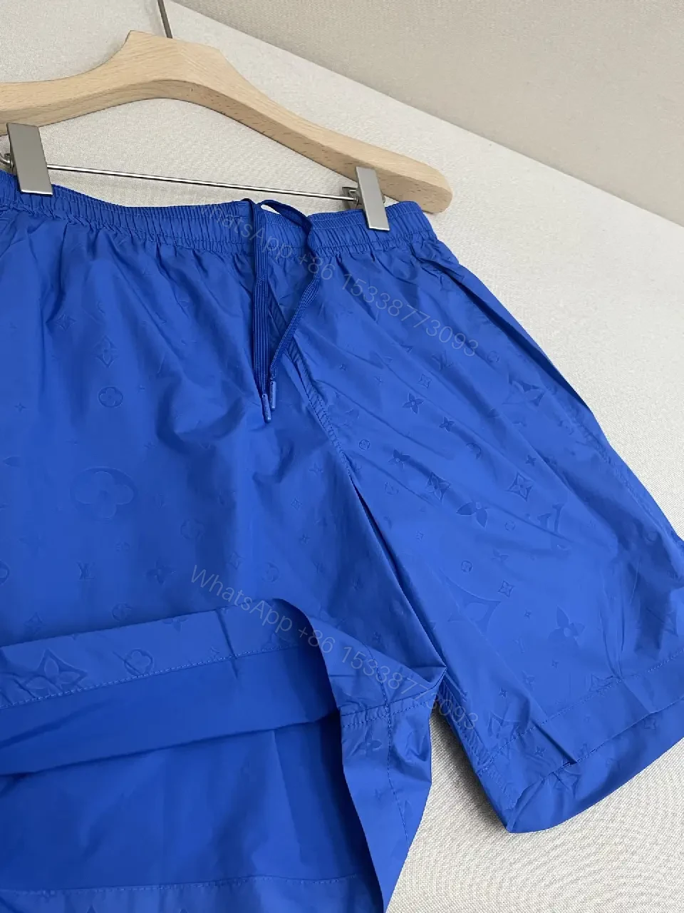 View 9 of Blue Silk-Like Drawstring Shorts, Louis Vuitton Monogram Style, Swim/Active Type
