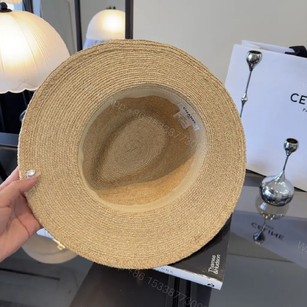 View 2 of Light Beige Straw Fedora-Boater Hat with Ribbon CHANEL Logo
