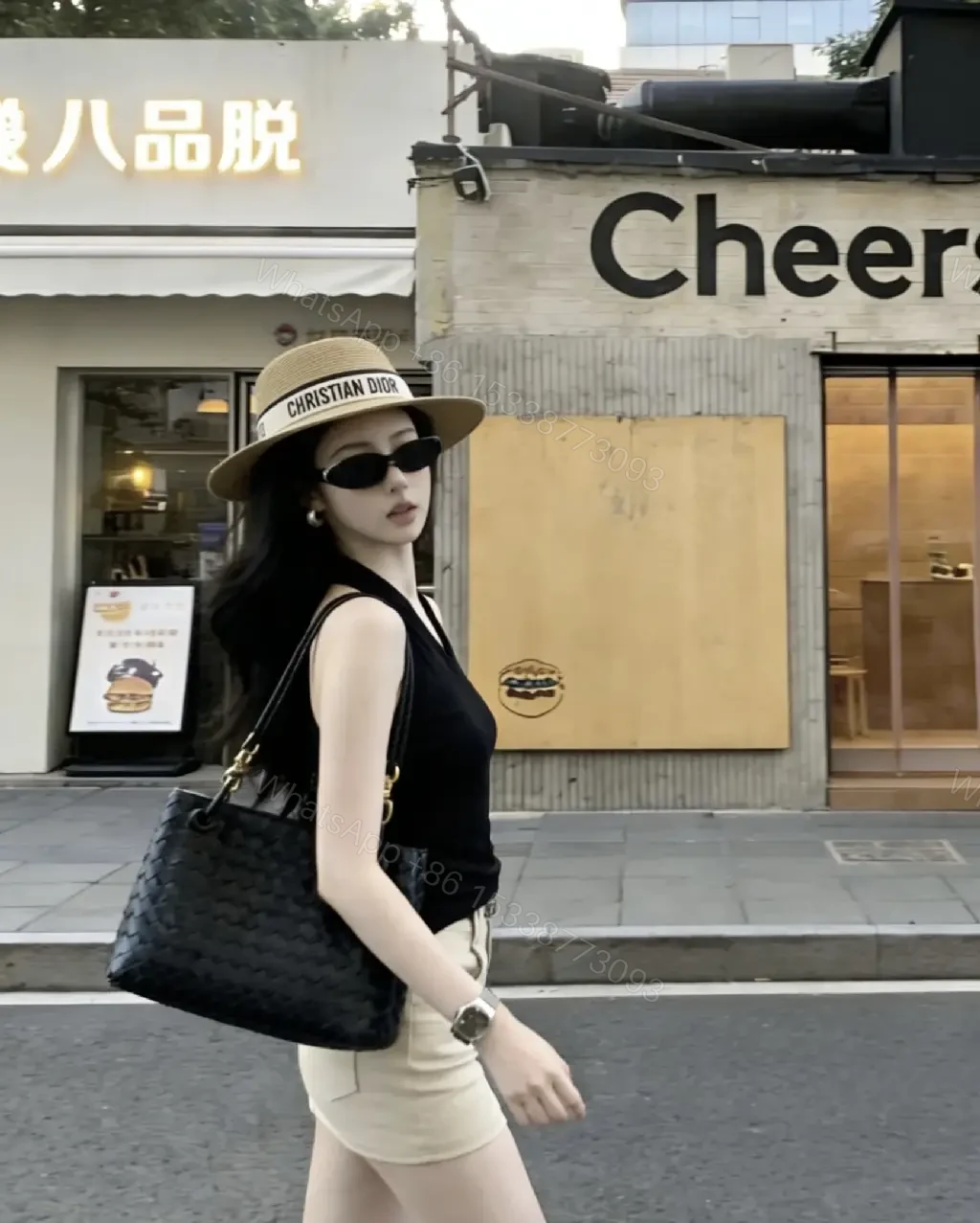 View 2 of Light Beige Straw Fedora Boater Hat with Black-White Band (Christian Dior)