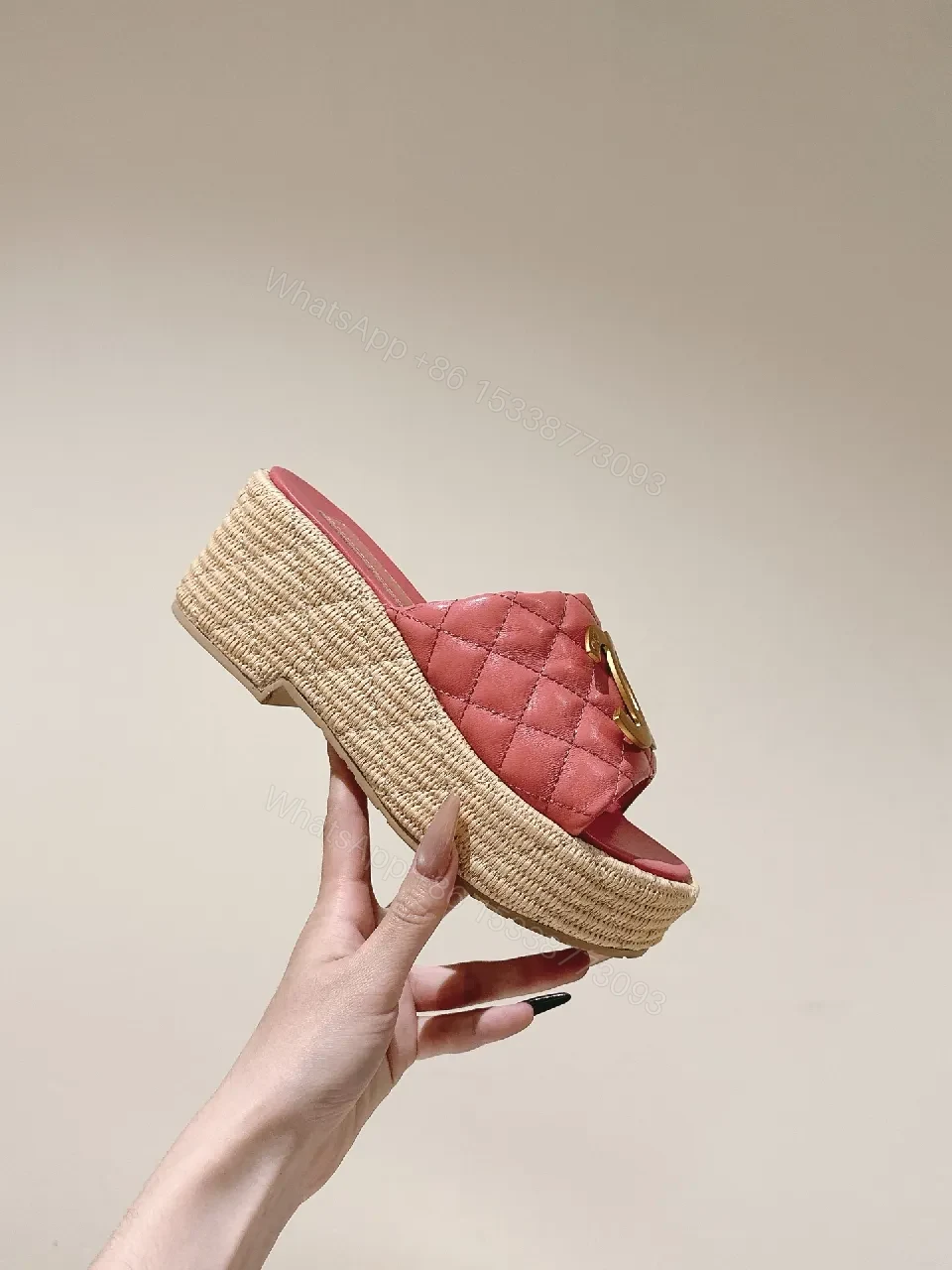 View 5 of Pink Quilted Espadrille Platform Sandals with Metallic Hardware