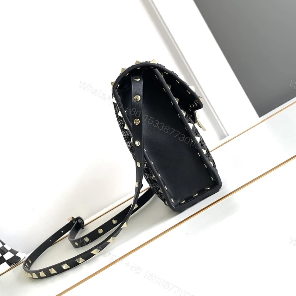 View 3 of VALENTINO GARAVANI ROCKSTUD SMALL RAFFIA SHOULDER BAG BLACK 22CM