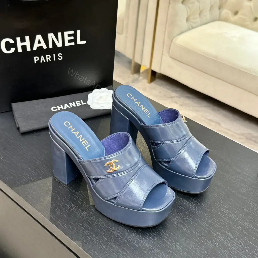 View 9 of Blue Leather Platform Mules with Logo Hardware, Sculpted Heel
