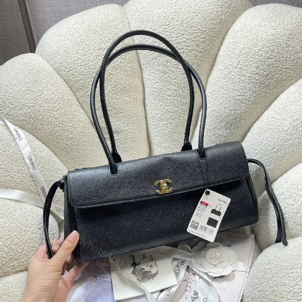 View 10 of Quilted Black Leather Handbag with Gold Hardware
