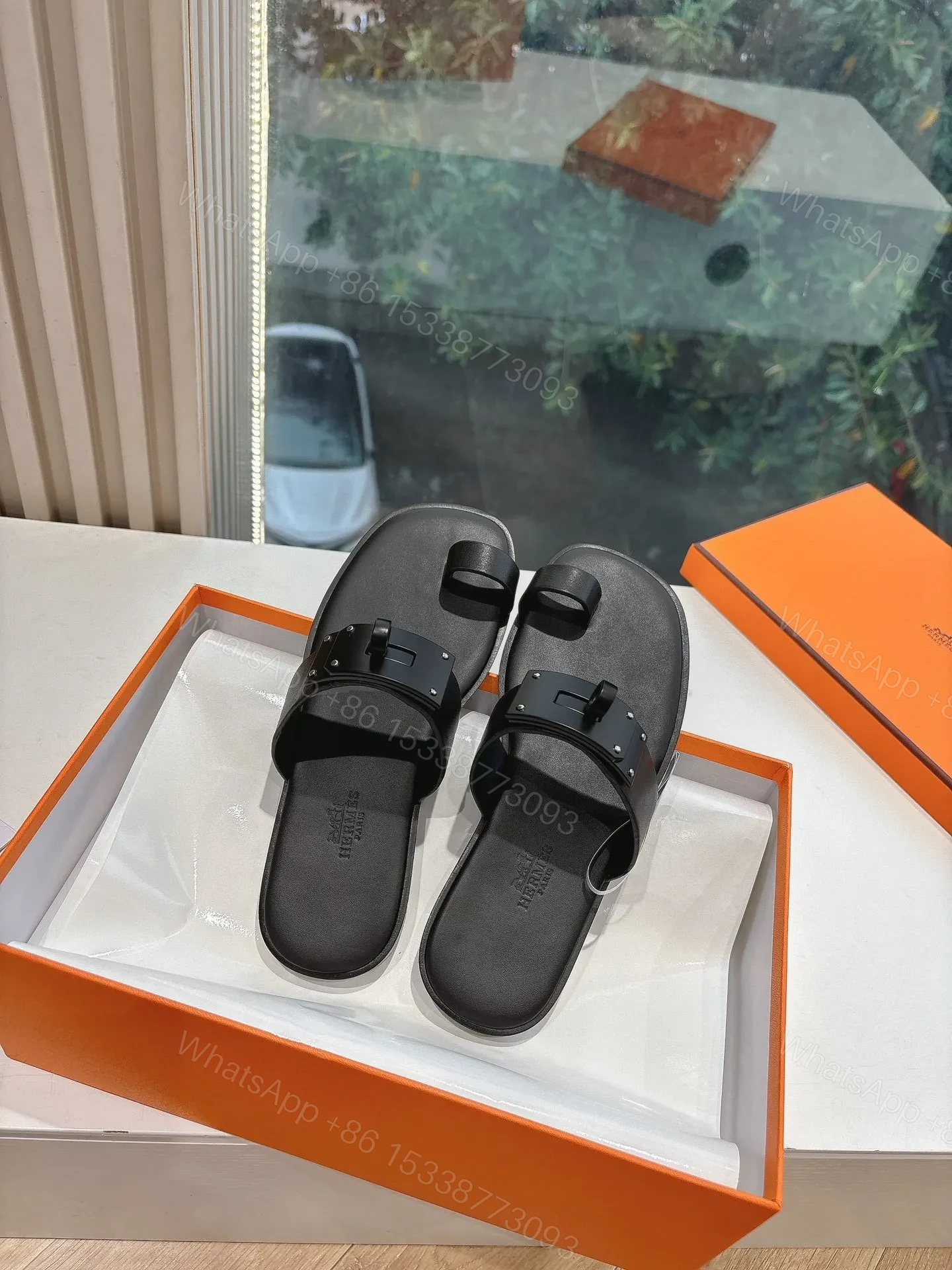 View 5 of Hermes Women Black Leather Toe Loop Mules