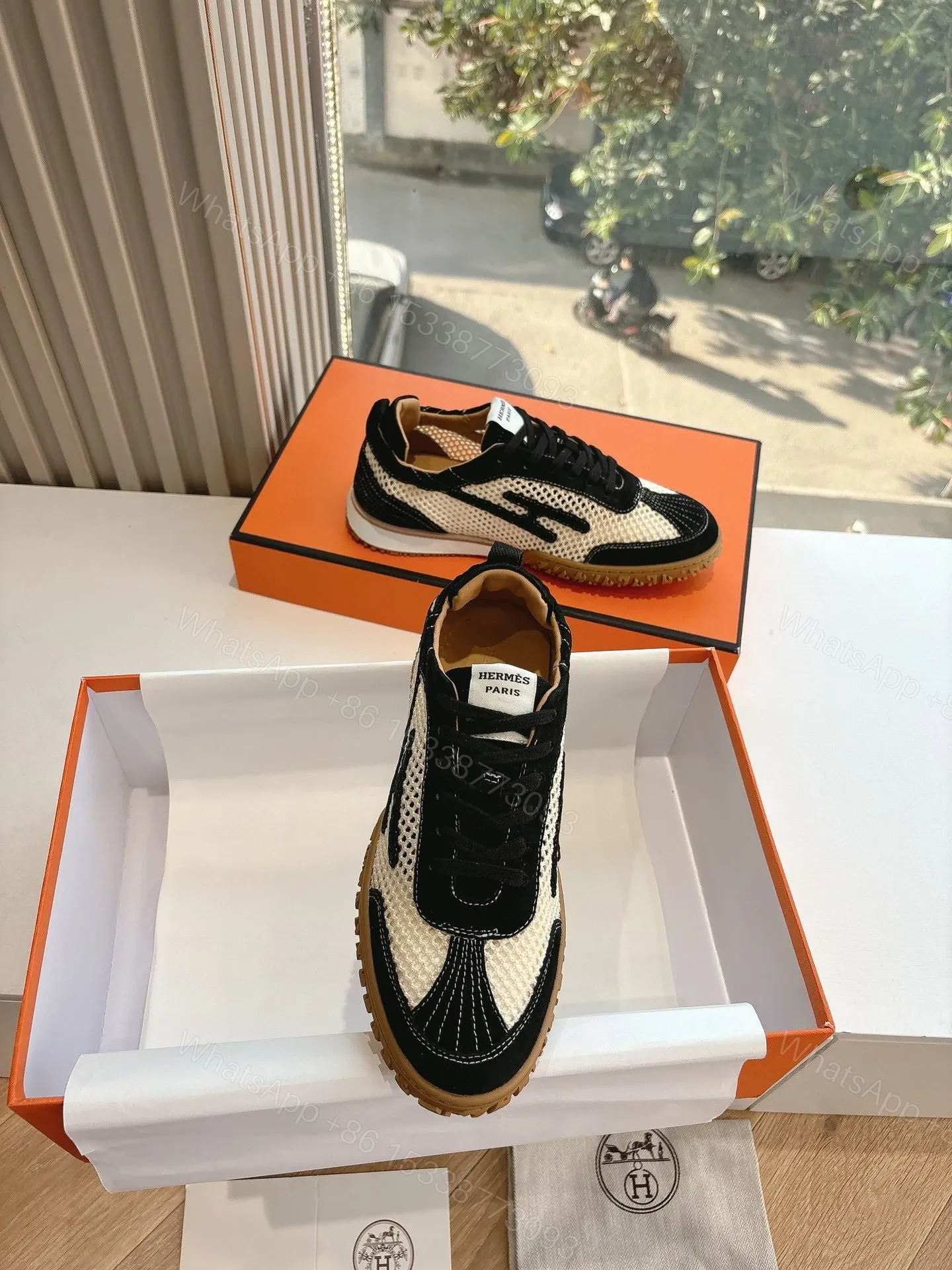 View 4 of Hermes Women Black And White Mesh Sneakers
