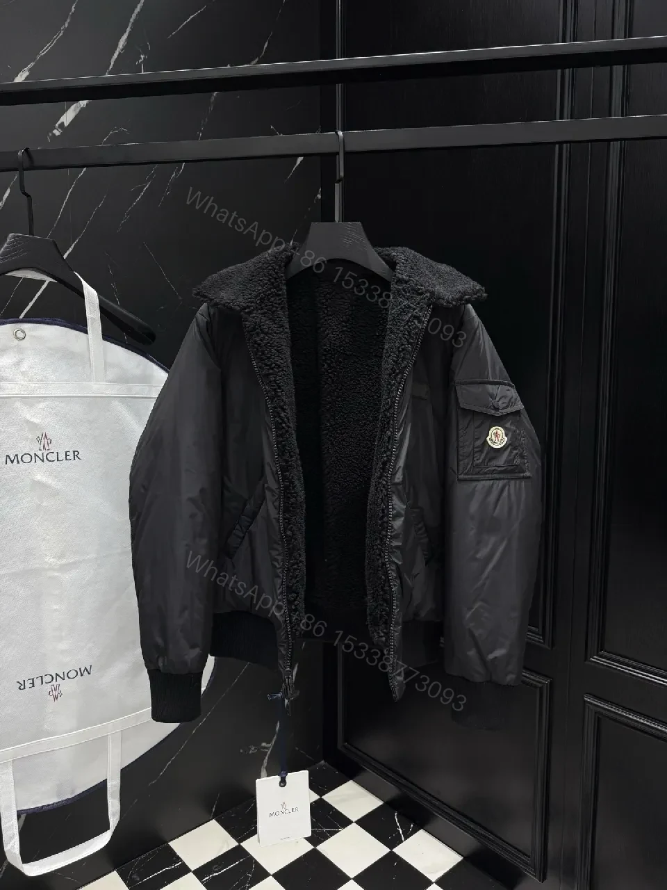 View 6 of Dark Nylon Bomber: Plush Sherpa Collar Jacket with Quilted Shell