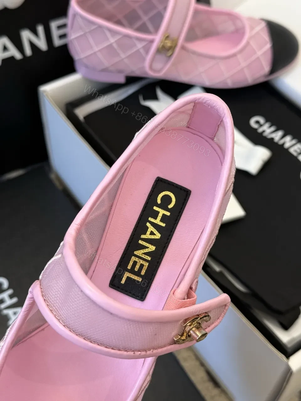 View 2 of Pink Quilted Mary Jane Sneakers with Black Cap & Gold Hardware