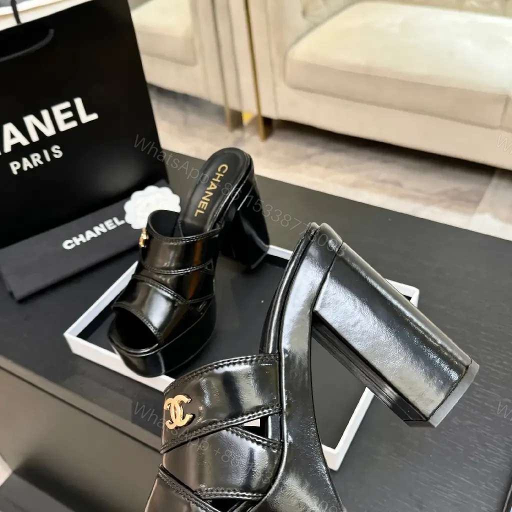 View 7 of Chic Platform Slides: Patent Leather, Gold Logo, Quilted