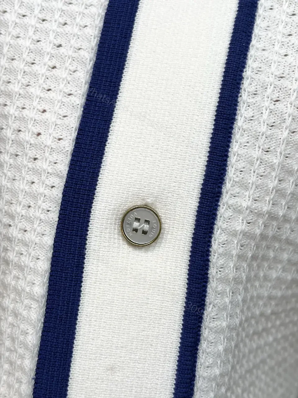 View 5 of White Knit Polo Shirt Blue Trim Louis Vuitton Style Key Pocket Polo Shirt