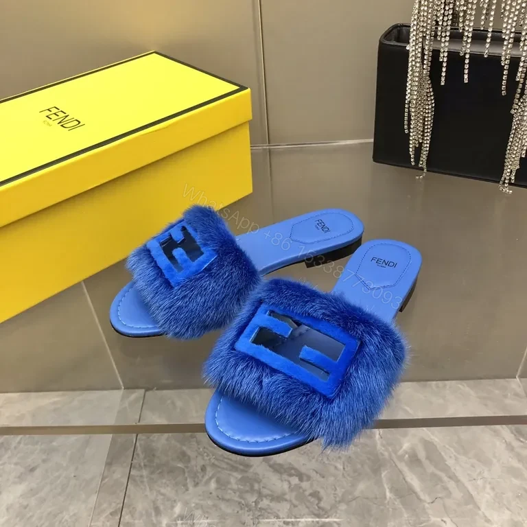 View 6 of Blue Fur-Trim Slip-On Sandals with Fendi-Inspired Hardware