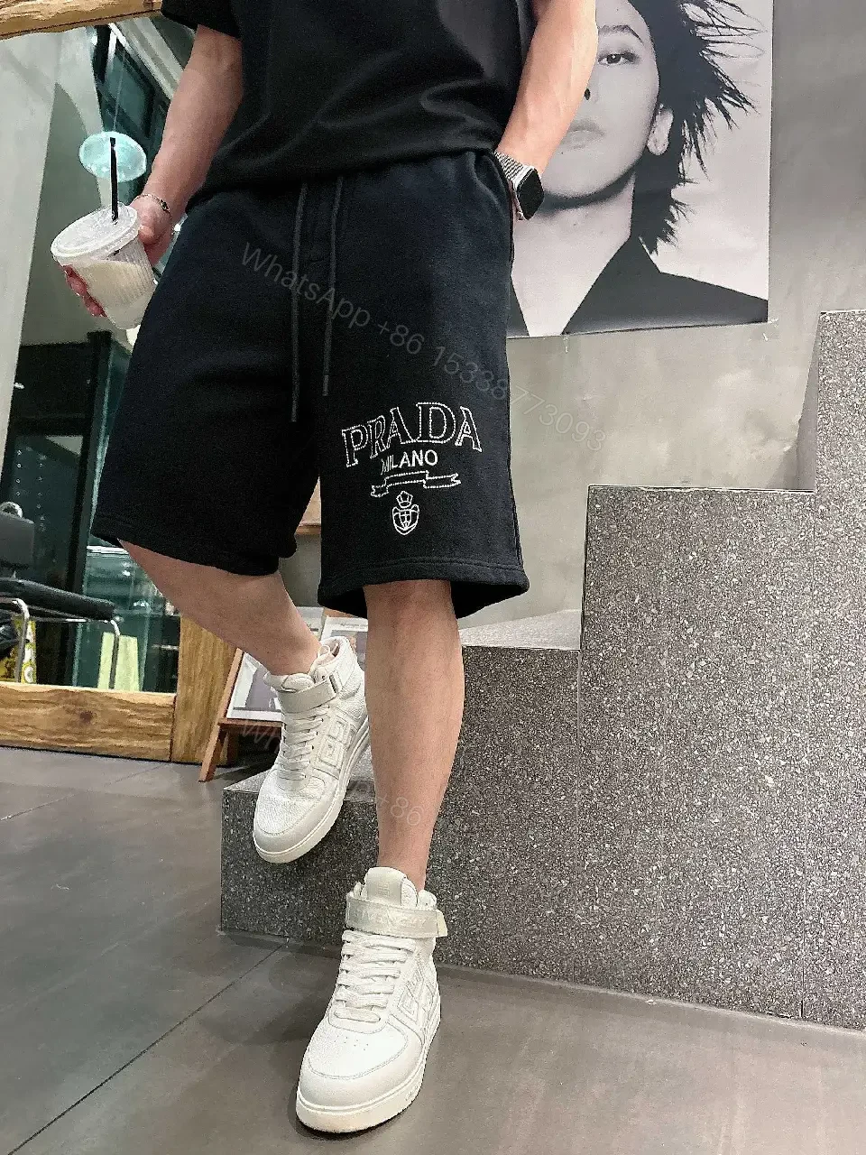 View 11 of Black Cotton Shorts Prada Logo Casual Style with Drawstring