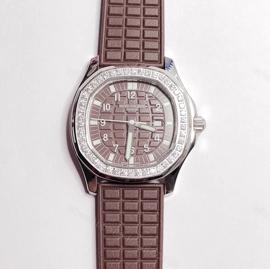 Patek Philippe Aquanaut Series Rose Gold Mechanical Women’s Watch with Swarovski Crystals and Brown Rubber Strap — view 1