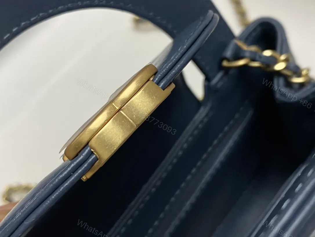 View 2 of Blue Quilted Mini Bag: Structured Luxury, Gold Hardware