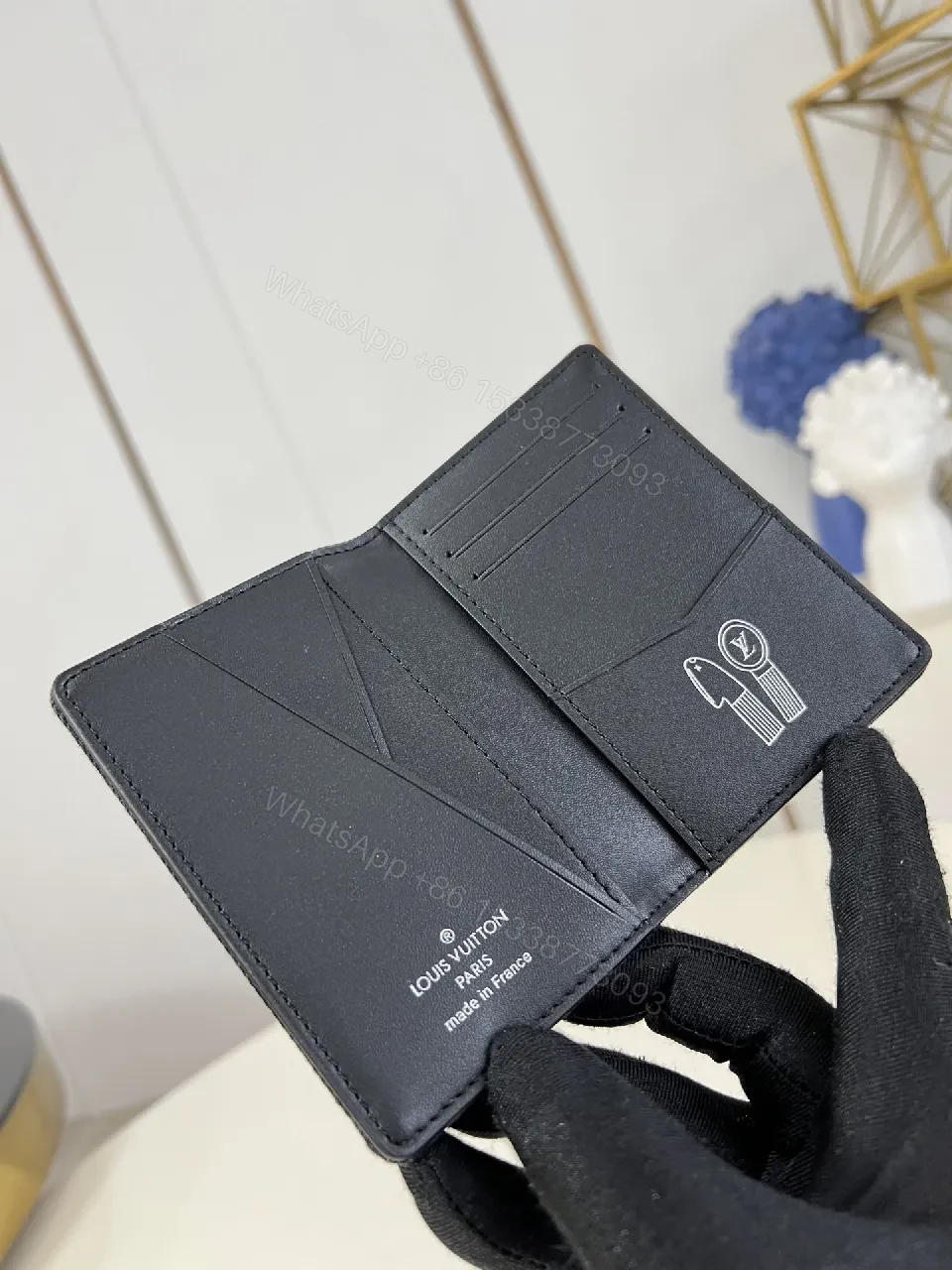 View 4 of Denim Compact Wallet: Embroidered LV-Inspired Accent