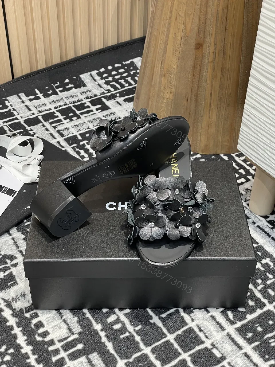 View 6 of Floral-Embellished Black Block-Heel Sandals