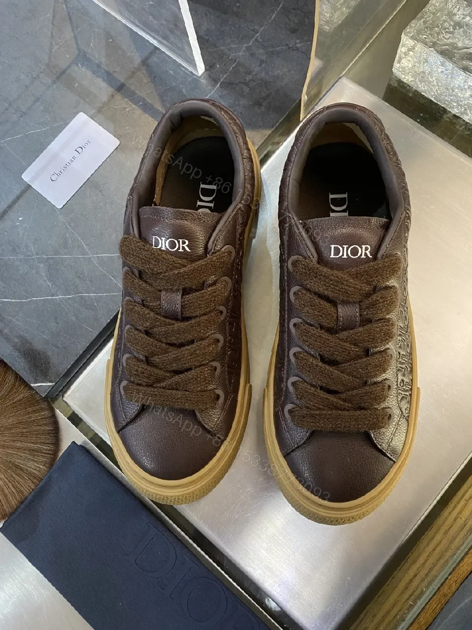 View 4 of Brown Leather Embossed Low-Top Sneakers with Gum Sole