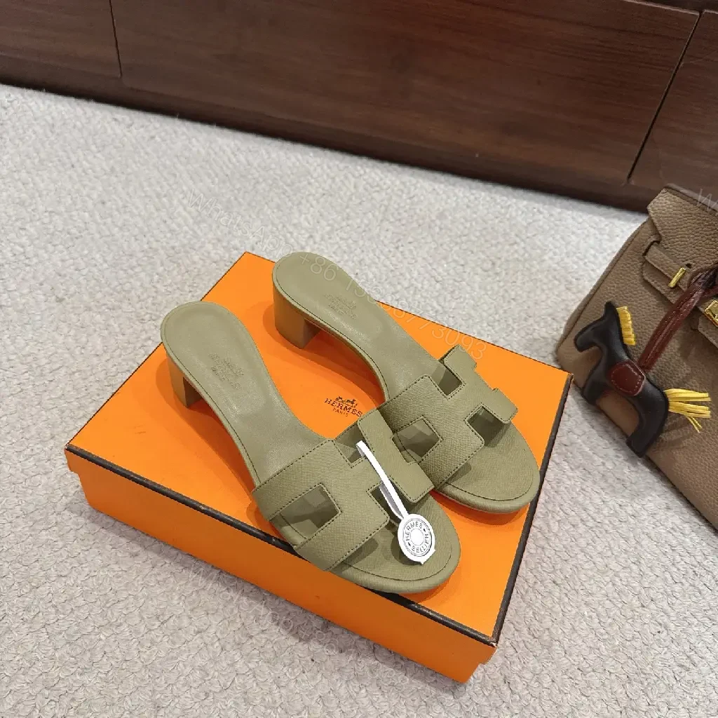 View 6 of Olive Green Leather H-Style Sandals Hermès Style Slide