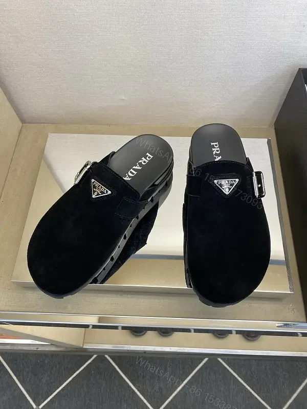 Black Suede Prada Mule Slippers with Silver Buckle — view 1
