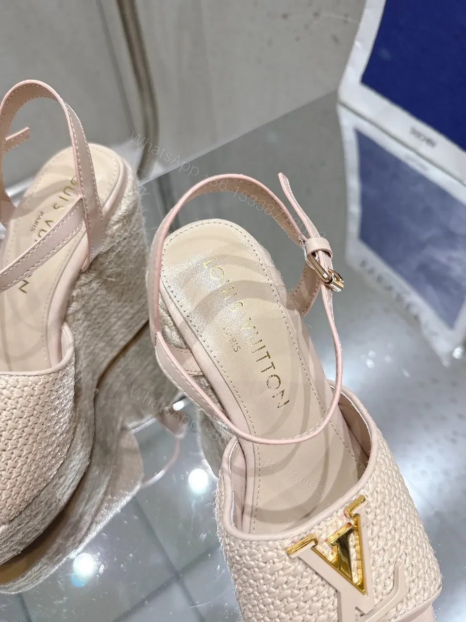View 5 of Beige Wedge Espadrille Sandals with Gold Detail - Elevated Comfort