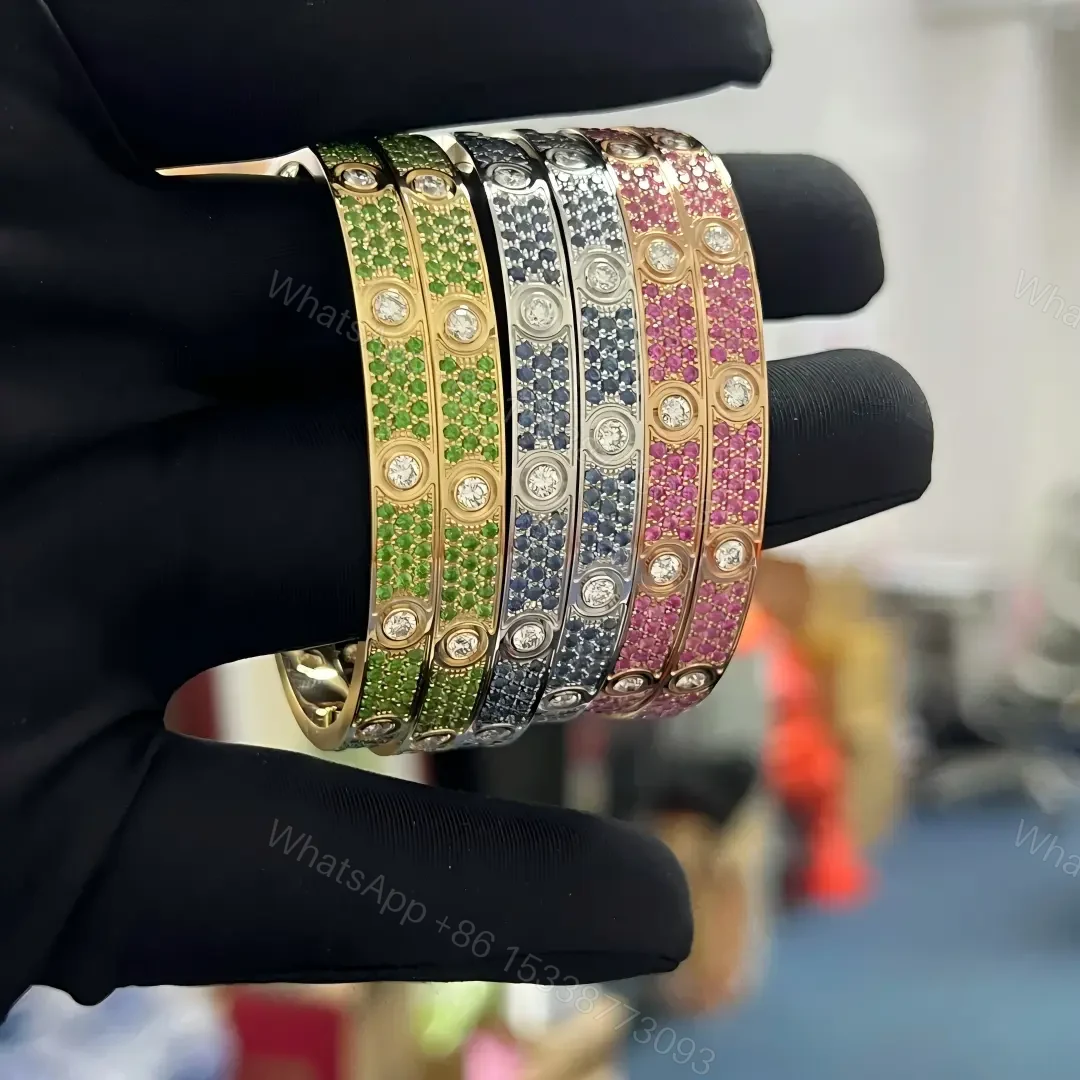View 2 of New Cartier Love Bracelet with Pink Blue Sapphire Green Tsavorite Diamonds