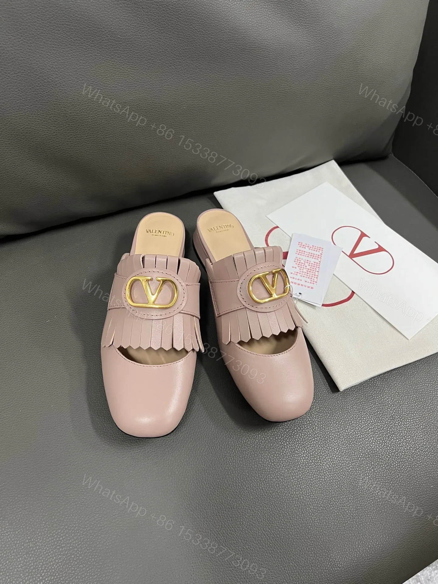 Valentino Women Pink Leather Fringe Mules — view 1