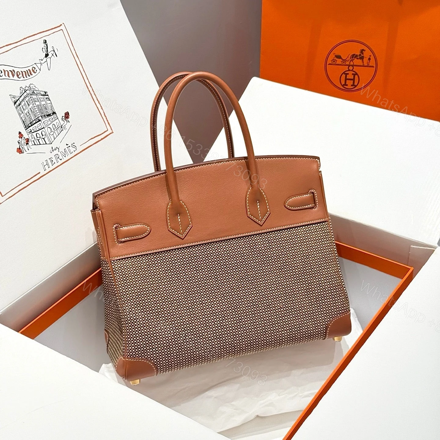 View 2 of HERMES BIRKIN 30CM IN GOLD SWIFT AND BLACK/WHITE/BROWN TOILE CANVAS