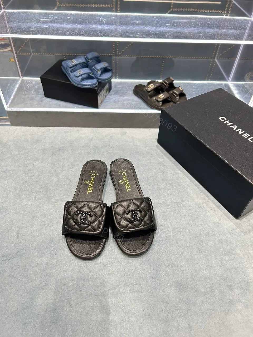 View 4 of Black Leather Quilted Sliders | Luxe Comfort Footbed | Slide Shoes