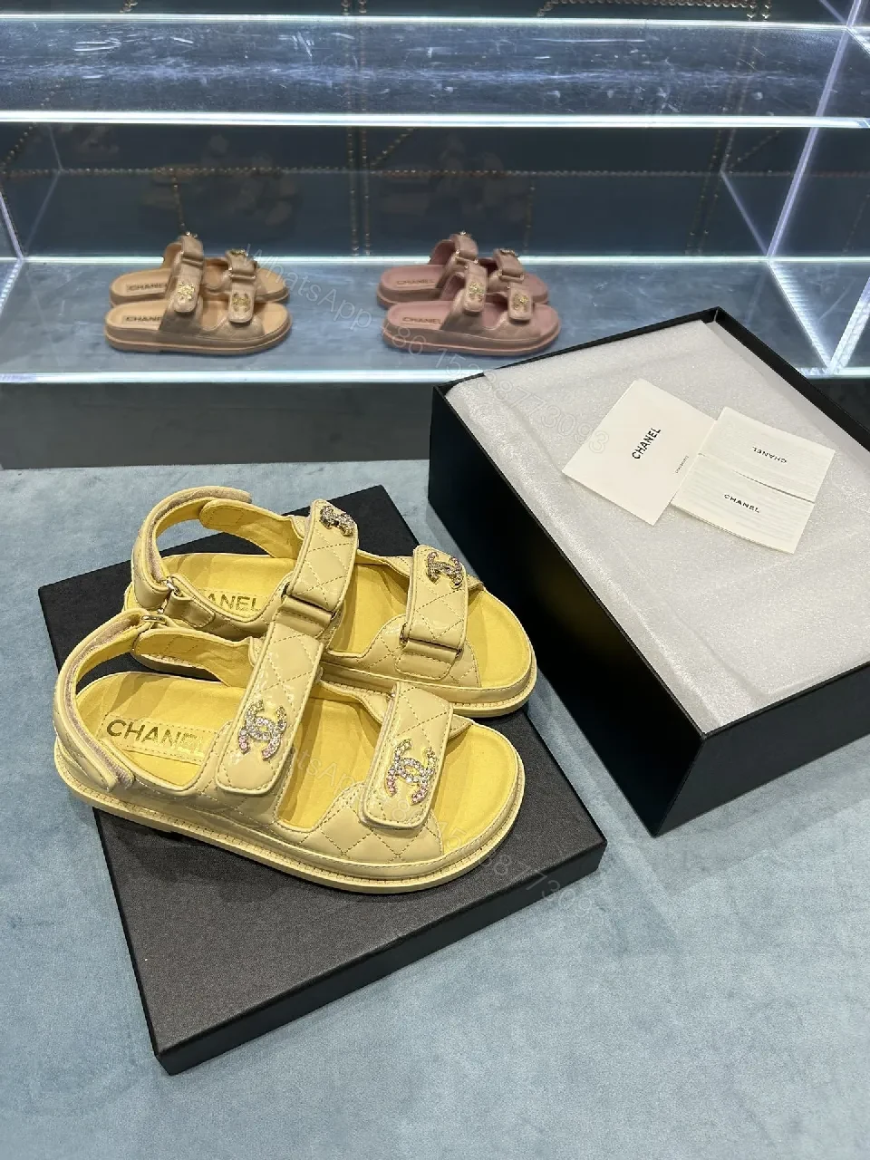 View 3 of Soft-Yellow Quilted Sandals with Logo Hardware - Luxury Comfort Sandals