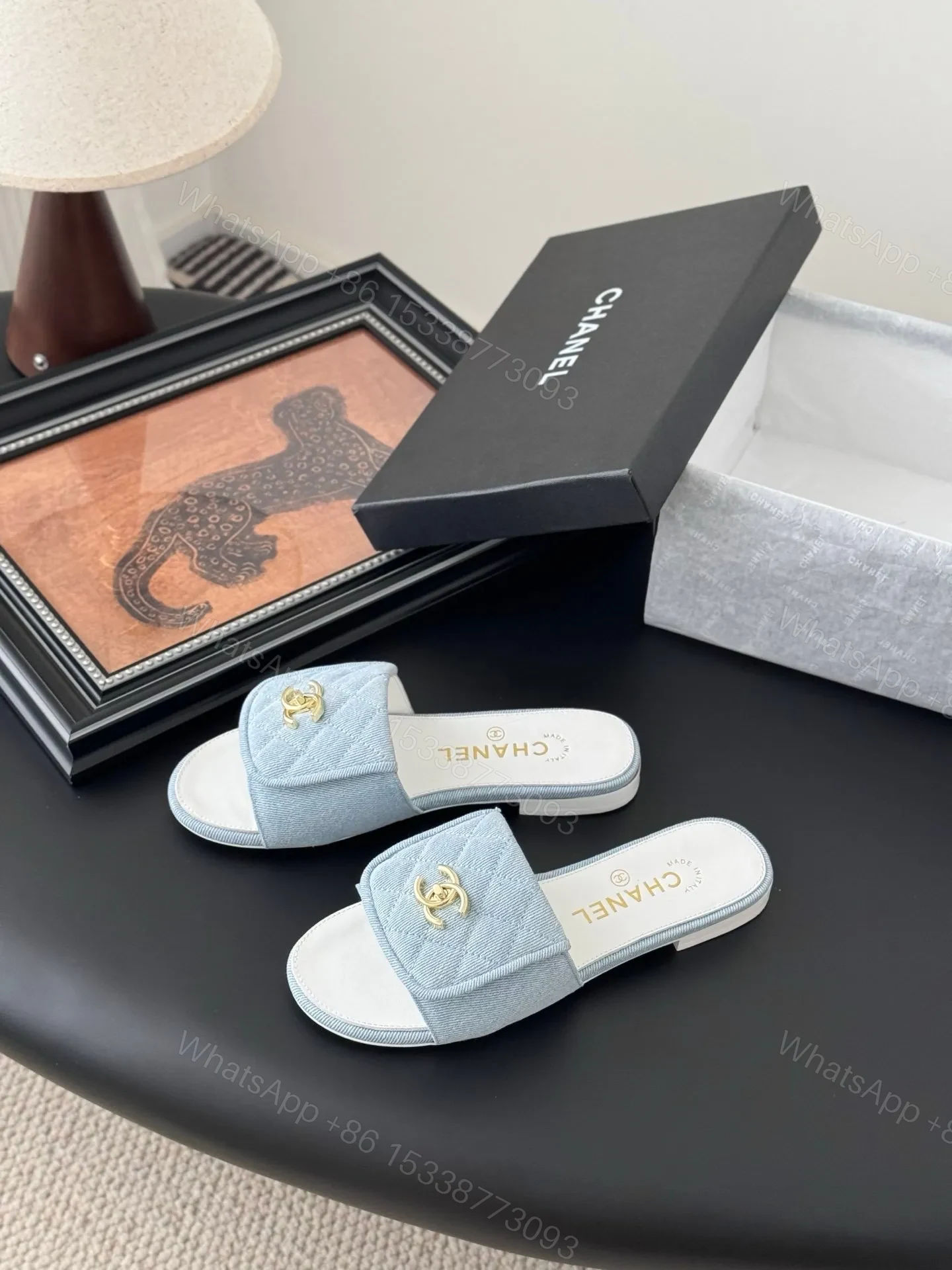 View 2 of Chanel Women Light Blue Quilted Fabric Slides