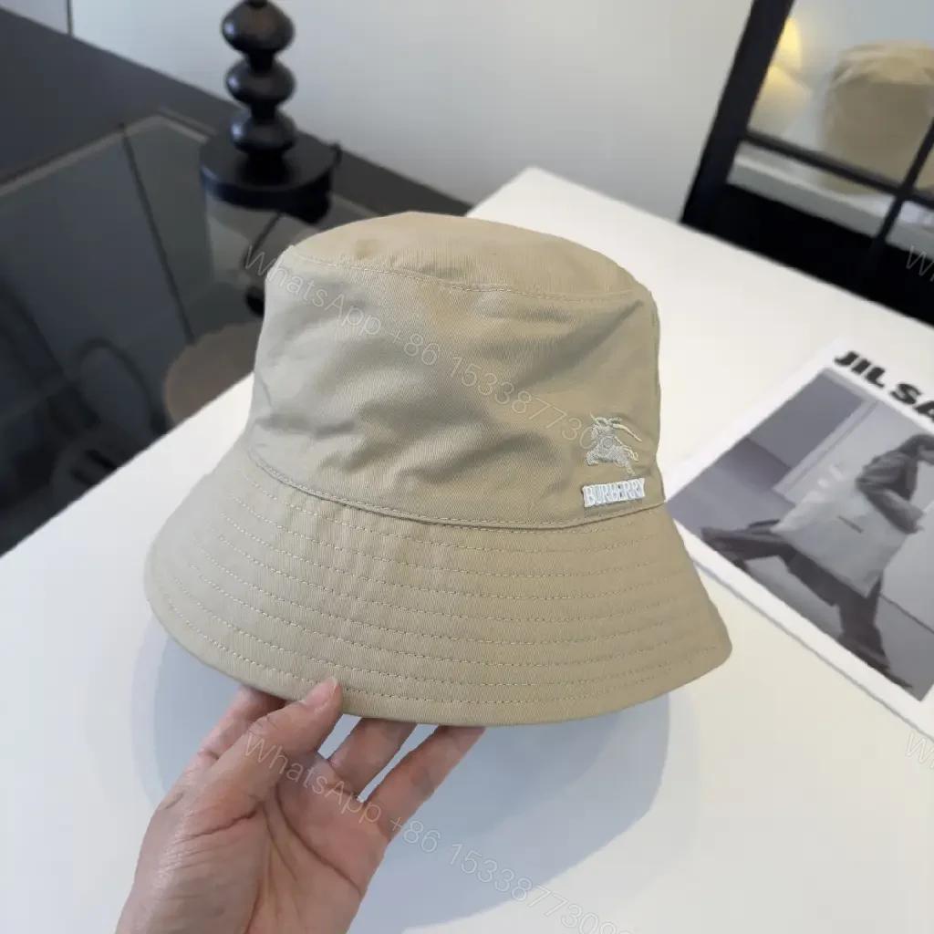 View 4 of Light Beige Khaki Bucket Hat with Embroidered Logo, Burberry Style