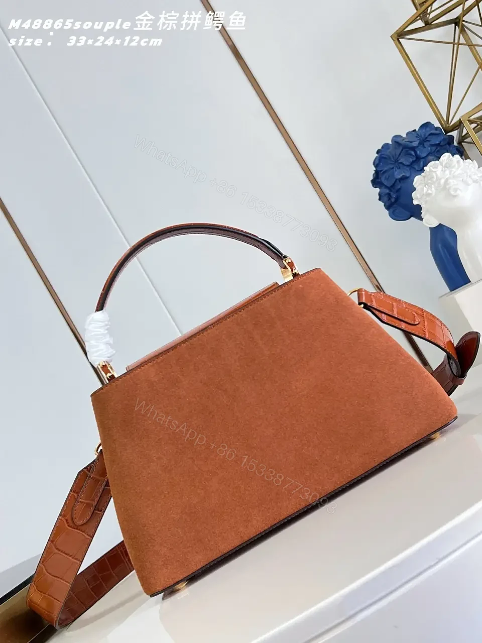 View 3 of Warm Tan Suede Shoulder Bag with Gold Hardware