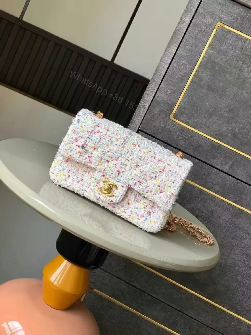 Textured Tweed Flap Bag with Crystal Logo, Compact Luxury Bag — view 1