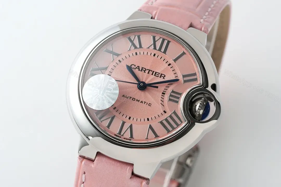 View 3 of F1 Factory Cartier 33mm Blue Balloon Watch with Pink Dial and Leather Strap