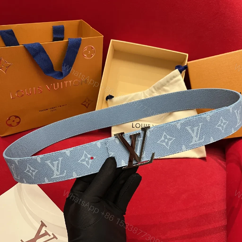 View 5 of Light-Blue Pebbled Leather Belt with Monogram Detail