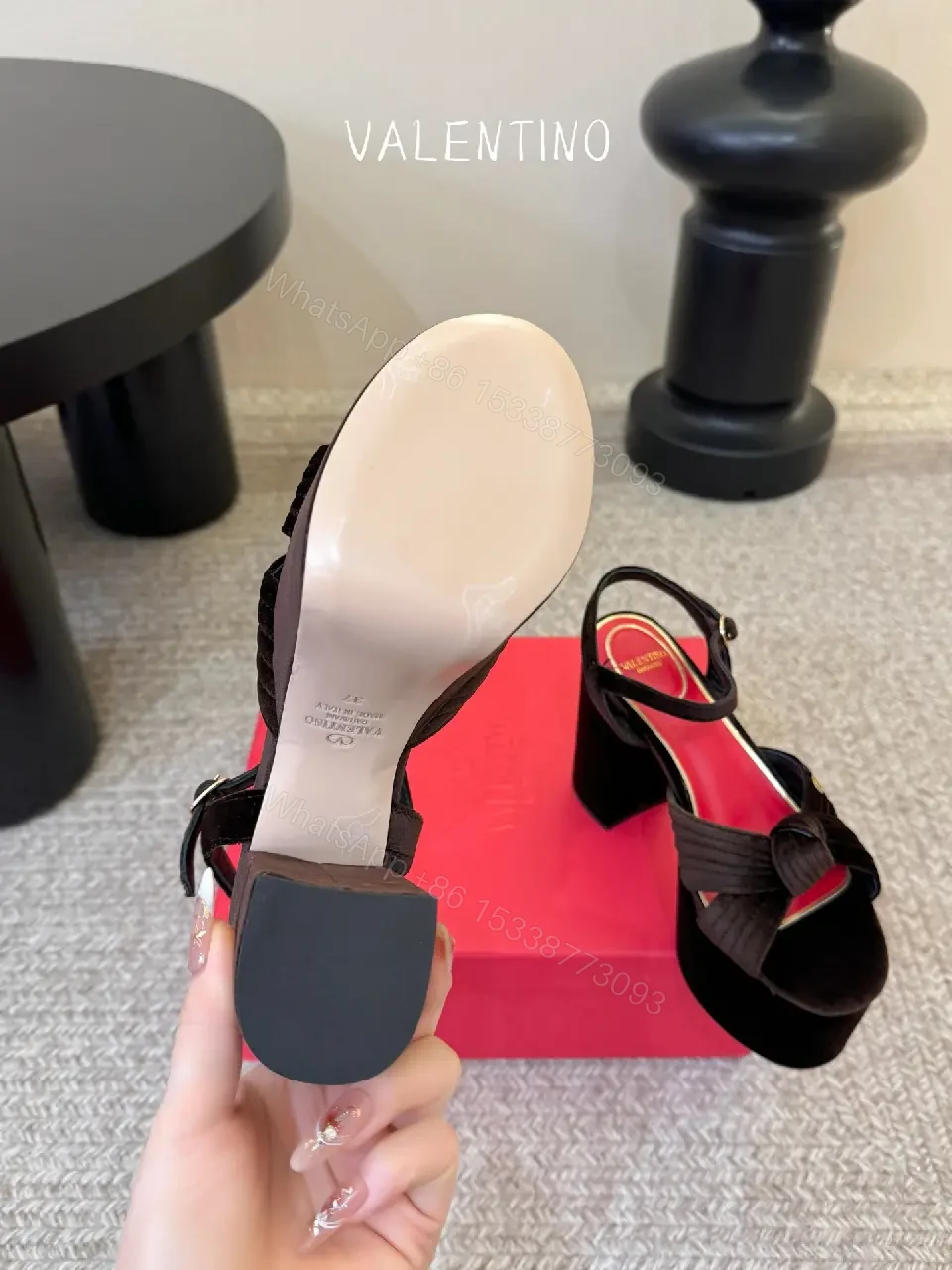 View 6 of Red Velvet Slingback Platform Heels, Block Heel, Valentino Style