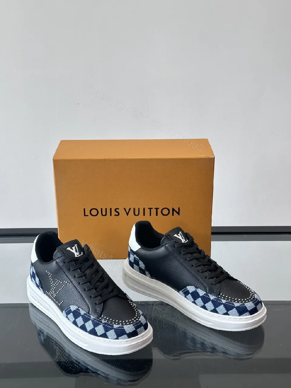 View 8 of Bold Checkerboard Tech Trainers, Leather Panels, LV Motif Sneakers