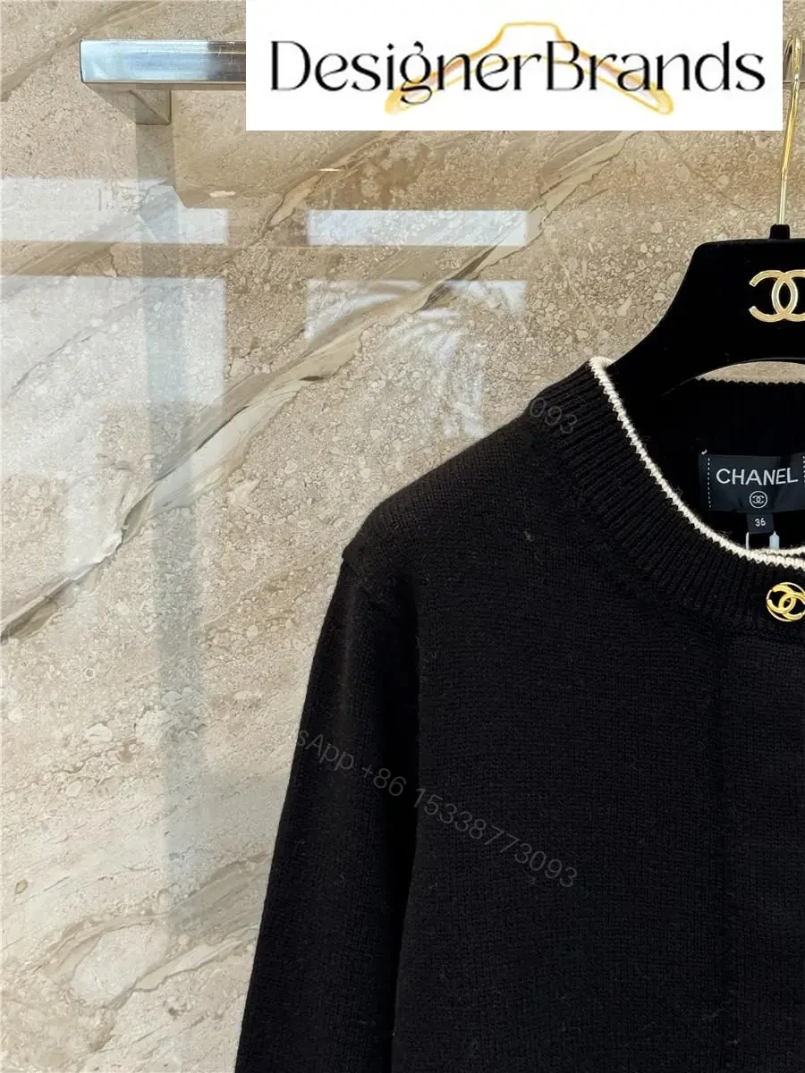 View 4 of Black Knit Cardigan with Piping & Gold Accents