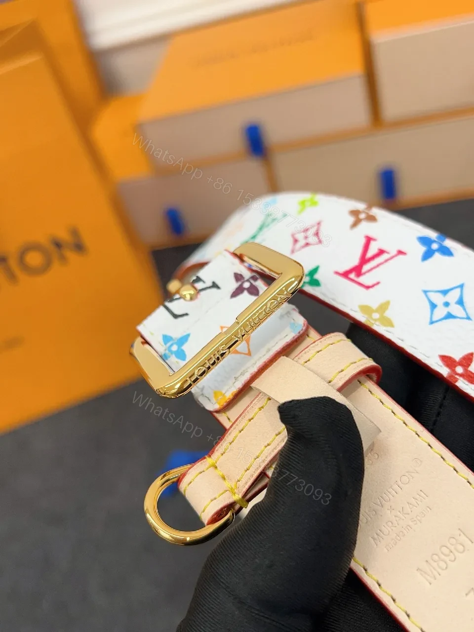 View 4 of Colorful Monogram Belt in Textured Leather with Gold Buckle