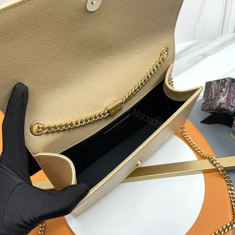 View 5 of Beige Leather Wallet-on-Chain with Gold YSL Logo