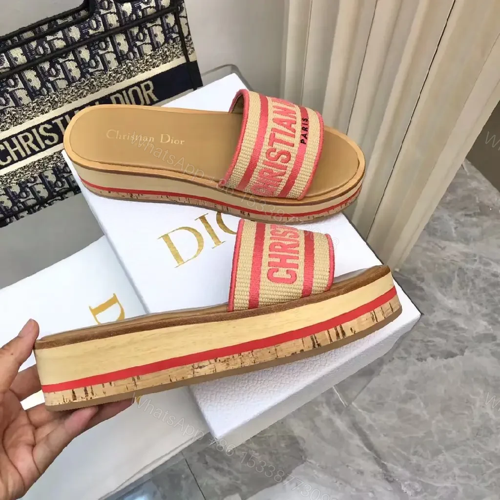 View 2 of Red-Tone Canvas Slide Sandals with Striped Band, Dior-inspired