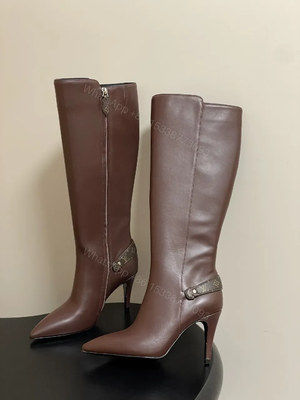 View 4 of Brown Leather Knee-High Boots with LV-Accent Details