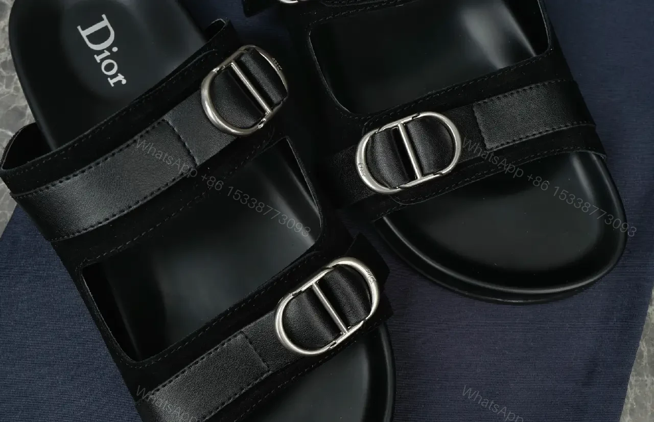 View 4 of Black Leather Double-Buckle Sandals, Dior Style, Slide Sandal