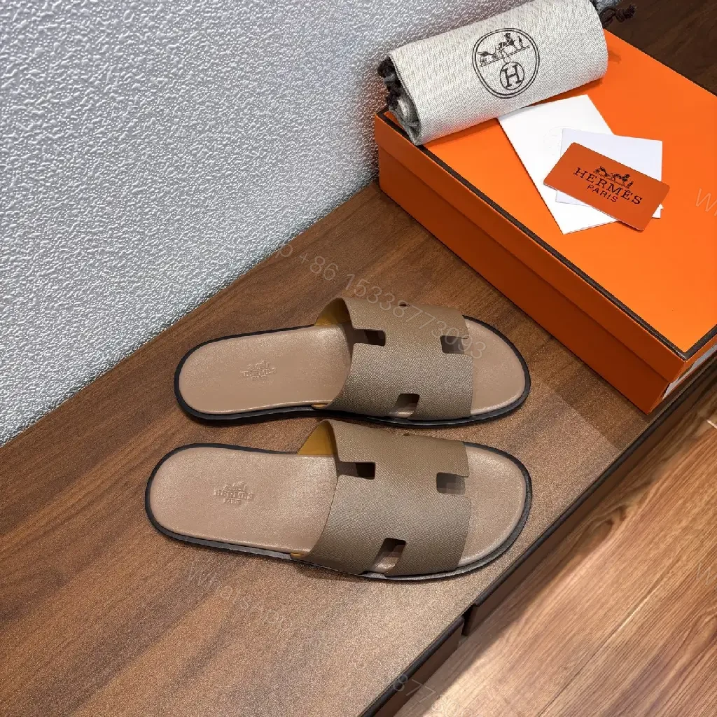 View 7 of Beige Leather Hermès-Style Slide Sandals with Cutout Strap