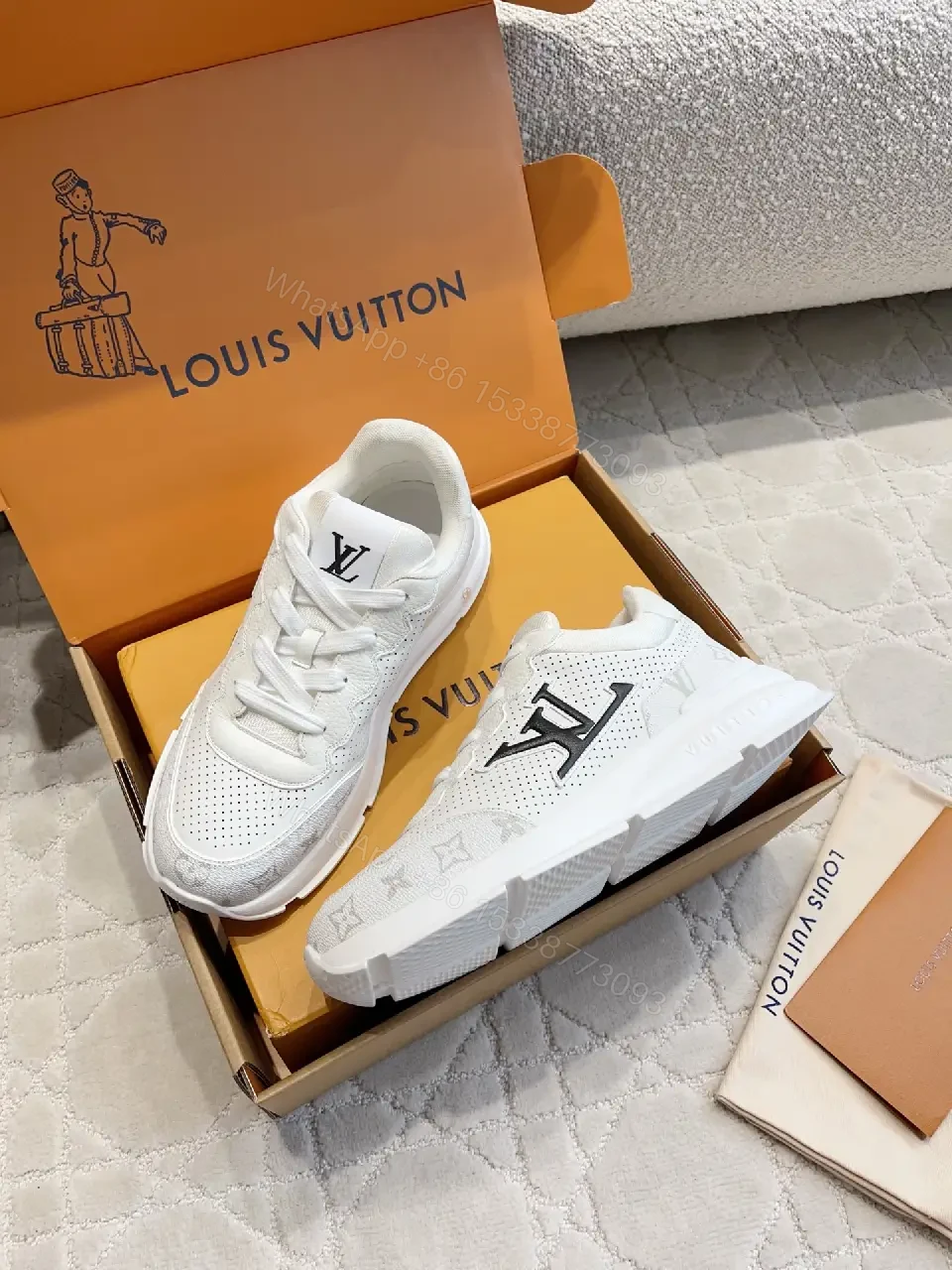 View 9 of White Leather Runner Sneakers Perforated Mesh Modern LV Logo Accent Shoes