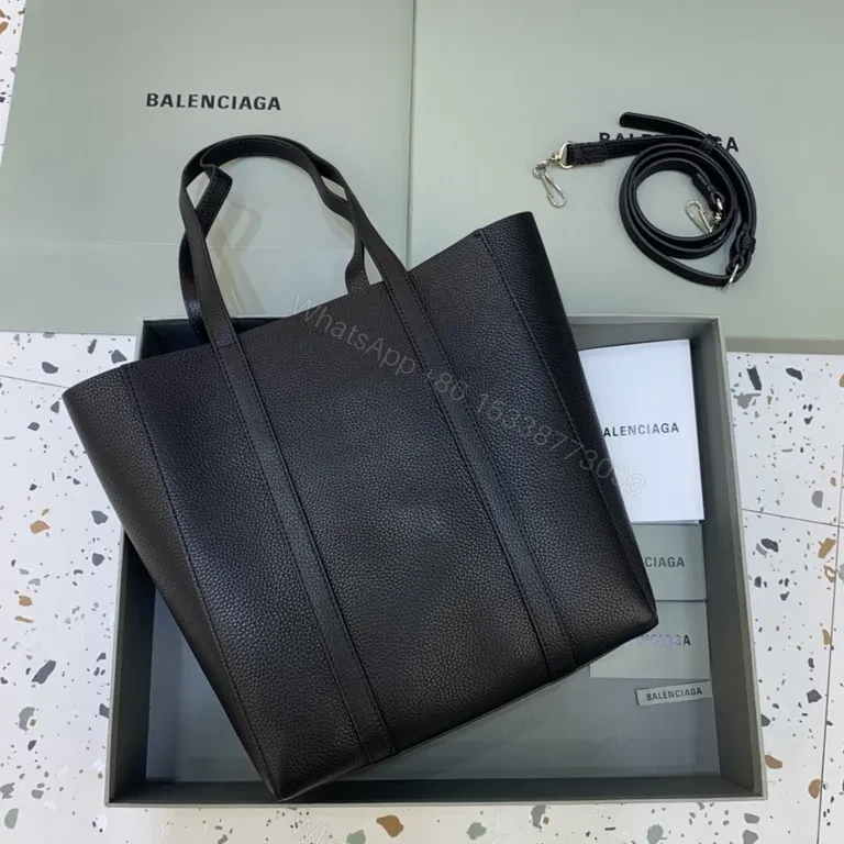 View 7 of Sleek Pebbled Leather Tote â€“ Balenciaga-Inspired, Black, All-Day Versatility