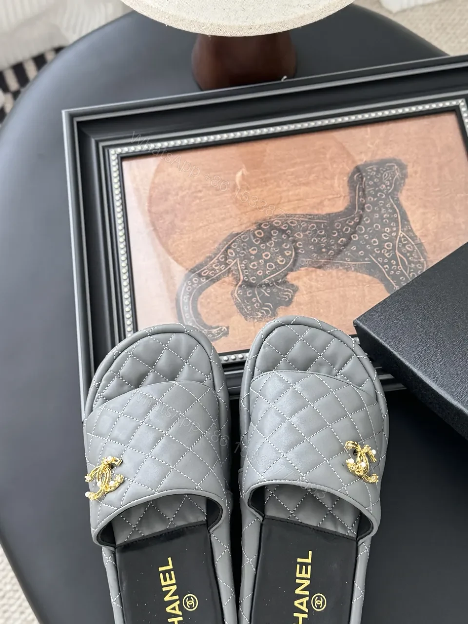 View 7 of Grey Quilted Mule & Slide Set - Lux Comfort, Gold Hardware