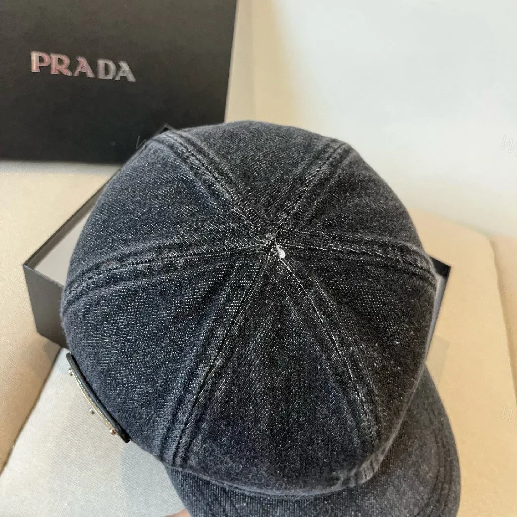 View 6 of Denim-Texture Cap with Subtle Prada Emblem, Casual Luxe Cap