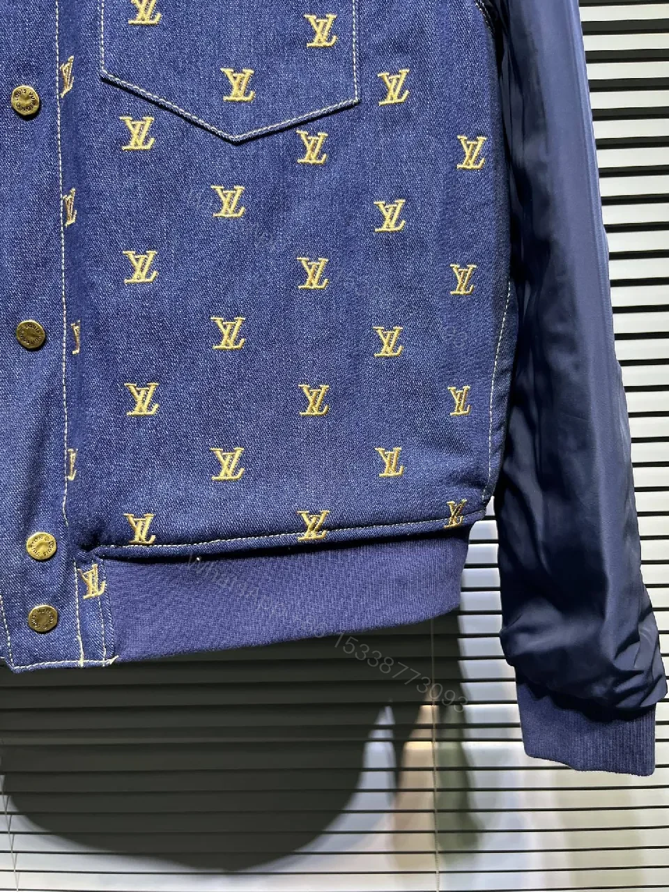 View 5 of Denim-Accent Zip-Front Jacket with Monogram Motif, Modern Texture